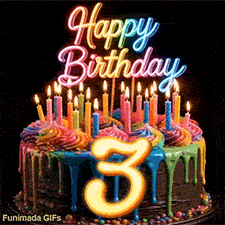 Rotating 3rd birthday cake GIF with colorful swirl icing, lit candles, glowing rainbow Happy Birthday sign, and yellow number 3.