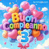 Palloncini a forma di cuore e stella dondolano nel cielo. Il testo 3D Buon Compleanno sormonta un grande numero 3 azzurro alla base.