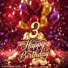 Golden number 3 shines among floating red purple and gold balloons gift boxes roses and sparkling confetti against a rich red backdrop with Happy Birthday script