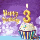 Animated 3rd birthday GIF picturing a white creme cupcake with colorful sprincles and two golden candle shaped like the number 3. The text Happy Birthday in yellow appears above the treat against a blue background.