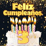 GIF animado de un pastel decorado con velas de colores, con el número 3 resaltado y un fondo brillante que transmite celebración.