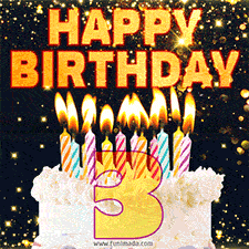Happy 3rd birthday card featuring a white frosted cake adorned with colorful, striped candles, and golden text with glitter on a black backdrop.