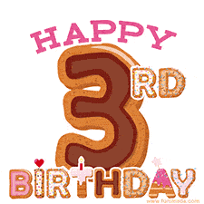 A whimsical happy 3rd birthday image. The number '3' stylized as donuts. The word 'Happy' is pink while the word 'Birthday' is made from colorful cookies, completing the celebratory graphic.