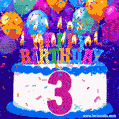 3rd Birthday Cake gif: colorful candles, balloons, confetti and number 3