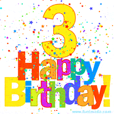 A vibrant birthday GIF shows '3' in bold, colorful letters with scattered multicolor star-shaped confetti.