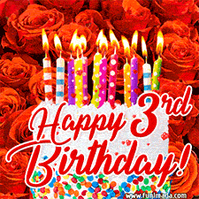 A birthday-themed animated image displays a layered cake with lit candles, set against a vibrant red rose background. The text overlay says, 'Happy 3rd Birthday!'.