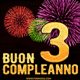 Animazione di fuochi d'artificio colorati con il numero 3 in oro brillante e la scritta 'Buon Compleanno' su uno sfondo nero festivo ed elegante.