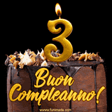 GIF animato con una torta al cioccolato decorata con crema, dettagli dorati e due candele accese che formano il numero 3. Messaggio 'Buon Compleanno' in scritta elegante.