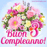 Bouquet animato con rose rosa, margherite e altri fiori colorati, con il numero 3 e la scritta 'Buon Compleanno!' in stile elegante e luminoso.
