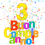 Animazione con il numero 3 in giallo e scritte multicolore 'Buon Compleanno!', accompagnate da una pioggia di stelle e coriandoli colorati.