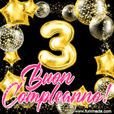 Animazione con palloncini dorati a forma del numero 3, circondati da decorazioni scintillanti e la scritta 'Buon Compleanno!' in caratteri rosa accattivanti.