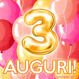 Bouquet animato di palloncini multicolori che emergono da una scatola regalo, con il numero 3 e la scritta 'Tanti Auguri!' su uno sfondo pieno di coriandoli.