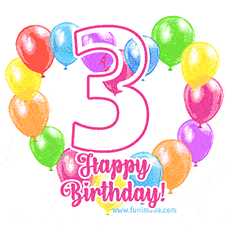 An animated birthday greeting card with a large '3' in pink outline surrounded by colorful balloons heart-shaped frame, and 'Happy Birthday!' written below in hand-written font.