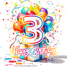 A festive birthday age GIF with animated star confetti, colorful balloons, and a gift box with the number 3. The text reads 'Happy Birthday'.