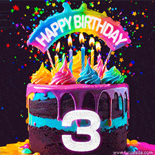 Chocolate cake with cyan layers, pink dressing and a big number 3 adorned with vibrant multicolored frosting, lit candles, and a rainbow topper with text that says 'Happy Birthday'. Animated colorful confetti move behind the cake.