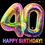 Shiny number 40 birthday celebration balloons with an iridescent glow and glitter on a black background with twinkling stars.