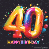 A vibrant age-specific birthday short animation displays the number '40' in shiny balloon-like letters with the words 'Happy Birthday' underneath. The dark background is punctuated with festive stars and balloons.