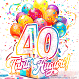 Animazione con palloncini colorati e scintillanti, accompagnata dal numero 40 in caratteri grandi e luminosi, e la scritta 'Tanti Auguri!' in stile vivace.