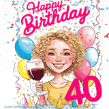 An animated birthday GIF featuring a smiling cartoon woman holding a glass of wine. Text reads 'Happy Birthday 40' surrounded by colorful balloons and confetti.