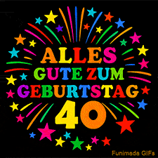 Animiertes GIF 'Alles Gute zum Geburtstag 40 mit bunten Buchstaben und leuchtenden Sternen