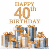 Festive animated eCard with elegant 'Happy 40th Birthday' text above a pile of luxurious blue, white, and gold gift boxes and presents.