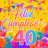 Un GIF animado para un 40º cumpleaños, Muestra el texto 'Feliz Cumpleaños 40' sobre un fondo amarillo vibrante con globos de colores, banderines y una lluvia de confeti.