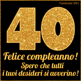 Un GIF animato per un 40° compleanno, Presenta il testo 'Buon Compleanno 40' su uno sfondo giallo vivo con palloncini colorati, festoni e una pioggia di coriandoli.