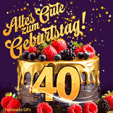 Eine köstlich aussehende animierte Geburtstagskarte für den 40. Geburtstag, dekoriert mit Erdbeeren, Blaubeeren und goldenen Details, Sterne funkeln und fallen, mit 'Alles Gute zum Geburtstag!'-Text.