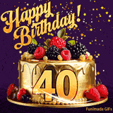 A delicious-looking animated birthday card for a 40th birthday, decorated with raspberries, blackberries, and gold details, Stars sparkle and fall, with 'Happy Birthday!' text above.