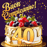 Descrizione: Un GIF animato di una bellissima torta per il 40° compleanno con glassa dorata e frutti di bosco freschi, Il numero dorato 40 è davanti, e stelle cadono su uno sfondo viola scuro.