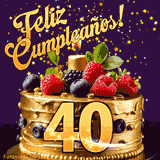 Una animación de celebración de una tarta para el 40º cumpleaños, Estrellas doradas caen del cielo, destacando el texto '¡Feliz Cumpleaños!' y el número dorado 40 en la tarta.