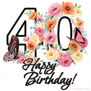A floral 40th birthday animated greeting card. The number '40' is surrounded by animated flowers and butterflies, creating a beautiful and cheerful way to celebrate the milestone.