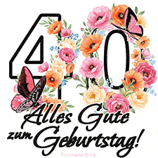 Ein florales GIF zum 40. Geburtstag. Die Zahl '40' ist von animierten Blumen und Schmetterlingen umgeben und bietet eine schöne und fröhliche Art, den Meilenstein zu feiern.