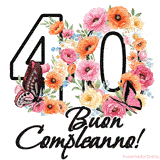 Questo GIF di Buon 40° Compleanno mostra il numero venti riempito con un vibrante bouquet di fiori animati, con farfalle che si muovono dolcemente su uno sfondo bianco.