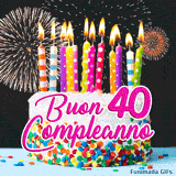 Quarantesimo compleanno in GIF animata: torta bianca, scritte rosa grandi e fuochi d'artificio luminosi che esplodono sullo sfondo.