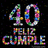 El texto FELIZ CUMPLE y el número 40 se ven hechos de joyas de colores muy brillantes que resaltan contra un fondo negro con estrellitas.