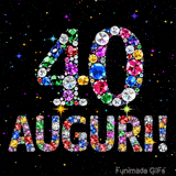 Immagine animata che mostra il numero 40 e Auguri in cristalli multicolori brillanti, circondati da piccole luci su uno sfondo scuro.