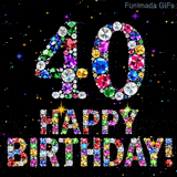 The digit 40 and Happy Birthday lettering created from bright multi-colored crystals, surrounded by tiny twinkling colored stars on a solid dark black background.