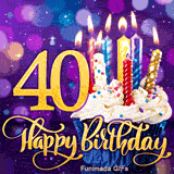 A blue-wrapped cupcake with burning candles near a large gold number 40. Cursive Happy Birthday text is below against a sparkling purple bokeh.