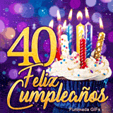 GIF de cumpleaños 40 años: el número 40 en oro resplandeciente junto a un cupcake con velas de colores sobre fondo morado.