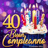 GIF di compleanno 40 anni: il numero 40 in oro risplendente accanto a un cupcake con candele colorate su sfondo viola.