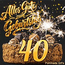 Die große goldene 40 steht vor einer Schokoladentorte. Helle Funken einer Wunderkerze und ein Sternenregen umgeben Alles Gute zum Geburtstag.