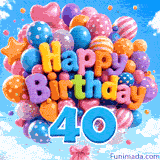 Swaying gently in the wind, a big balloon bouquet displays the words Happy Birthday and a prominent blue digit 40 tied to the base.