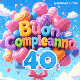 Dondolando dolcemente al vento, un grande mazzo di palloncini mostra le parole Buon Compleanno e il numero azzurro 40 attaccato alla base.