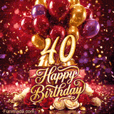 Festive balloons rise above gift boxes and roses as the large golden 40 and Happy Birthday lettering sparkle with confetti on a red background