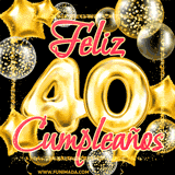 Animación de un GIF con el número 40 en dorado, rodeado de estrellas, burbujas brillantes y la frase 'Feliz cumpleaños' en letras modernas y festivas.