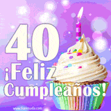 Animación de un cupcake con cobertura blanca, confites de colores, una vela encendida y el número 40 en grande sobre un fondo púrpura con luces brillantes.