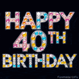 Birthday GIF featuring a black background and brilliant rhinestone-style text that flashes in rainbow colors, celebrating a sparkling 40th birthday.