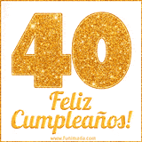 Imagen animada con el número 40 en diseño dorado brillante acompañado de la frase 'Feliz cumpleaños' sobre un fondo blanco simple y elegante.