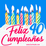 Animación de un pastel decorado con velas coloridas y encendidas, el número 40 destacado en azul y la frase 'Feliz cumpleaños' en letras estilizadas.
